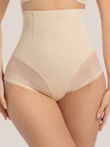 High Waisted Slimming Shaping Pants For Women, Mesh Fabric Tummy Control, Postpartum Body Shaper, Solid Color Sexy - Apricot - View 5