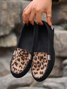 Spring & Autumn Classic Leopard Print Casual Slip-On Flat Loafers For Women - Black Leopard Print - View 5