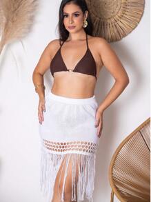 Skirt Knitted Beach Cover-Up With Fringes And Detail On The Hem. - 白色 - 查看 5
