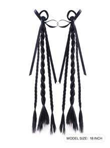 2 件装黑色扭纹辫子带蝴蝶结合成马尾辫接发，Y2K 甜美酷女孩辫子接发