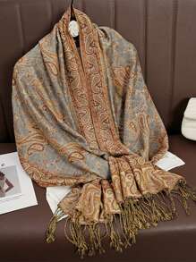 1条女士波西米亚风复古佩斯利提花羊绒围巾，休闲优雅防晒披肩，适合日常佩戴