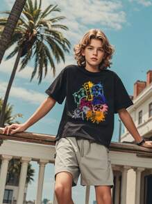 1 件适合夏季的青少年男孩休闲印花圆领短袖 T 恤，这款充满活力的 T 恤为每个孩子带来欢乐和幸福