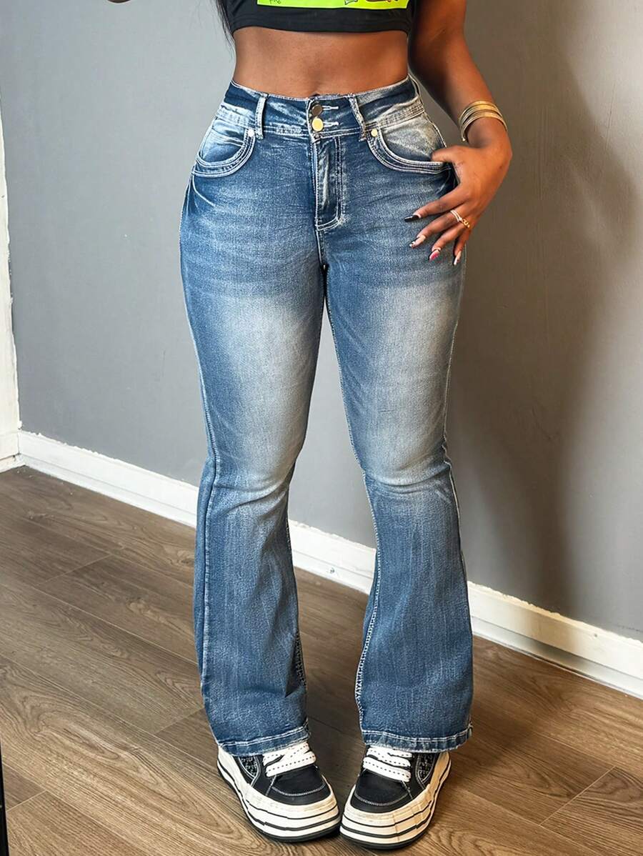 Women's Stretch Flare Jeans High Waisted Bootcut Denim Pants With Double Button & Zip Closure, Retro 70s Vintage Style Slimming Elastic Jeans For Casual & Party Wear - Rửa tối - Xem 1
