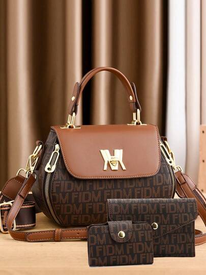 Set de 3 piezas Bolso bandolera de PU vintage, Bolso de hombro con cierre de giro retro, Bolso de mano y cartera de moda para mujer