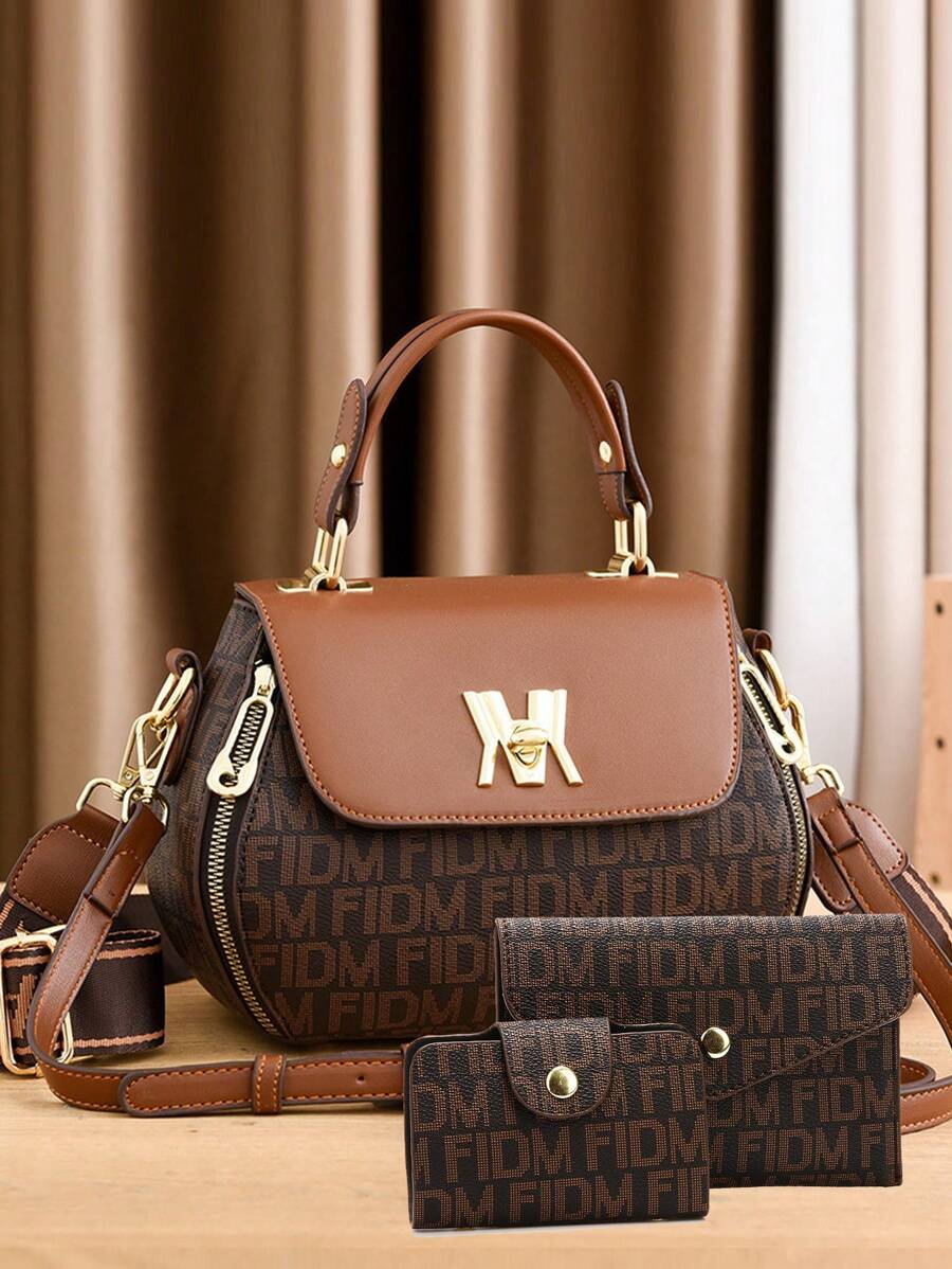 三件套：仿皮手提包、女士托特包（涤纶内衬，按扣开合）、配套单肩包和手拿包 - 咖啡 - 查看 1