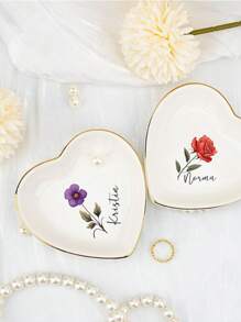 1PC Personalised Customised Heart Shaped Birthstone Ring Tray With Name, Ceramic Jewellery Tray Suitable For Girlfriends/Mothers/Sisters, Bridesmaid Bridal Jewellery Storage Tray, Storage Tray, Mother's Day Customised Gift For Her