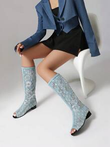 2025 Spring New Women Summer Long Boots, Roman Hollow Out Net Boots, High Shaft Sandals, Mesh Boots, Rear Zipper Open Toe High Boots, European & American Style - Light Blue - View 6