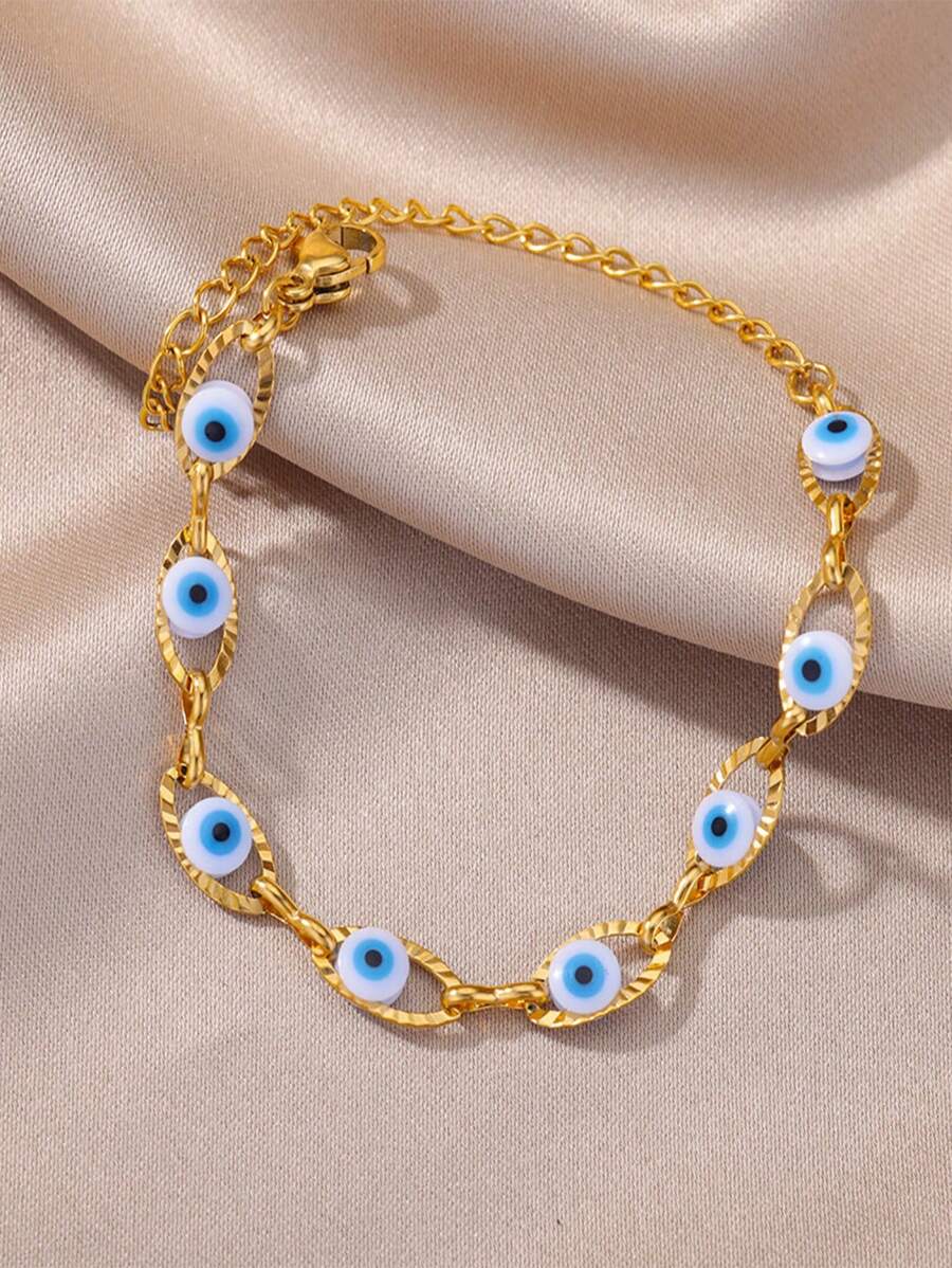 1 Pieza Pulsera con colgante de ojo azul malvado en forma oval para mujeres, color dorado de acero inoxidable con cuentas de esmalte, joyería de regalo
