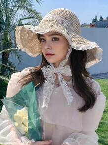 1pc Japanese-Style Summer Beach Hat, Women's Lace Straw Hat, Fresh Protective Sun Hat For Travel & Vacation, Foldable