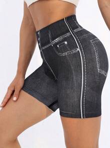 女式牛仔效果高腰瑜伽短裤，提臀弹力腰带运动短裤
