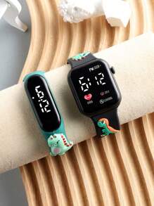 2 件男孩卡通恐龙 LED 数字电子手表，适合日常佩戴