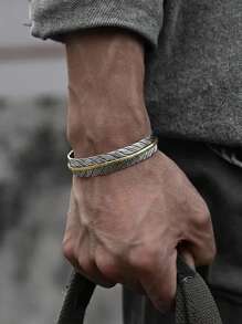 1 件装复古镀银宽羽毛袖口手链男女可调节复古扭曲羽毛手链礼物珠宝