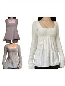 Women's Cable Knit Tops Long Sleeve Square Neck Solid Color Loose Fit T-Shirts Sweaters - 白色 - 查看 5