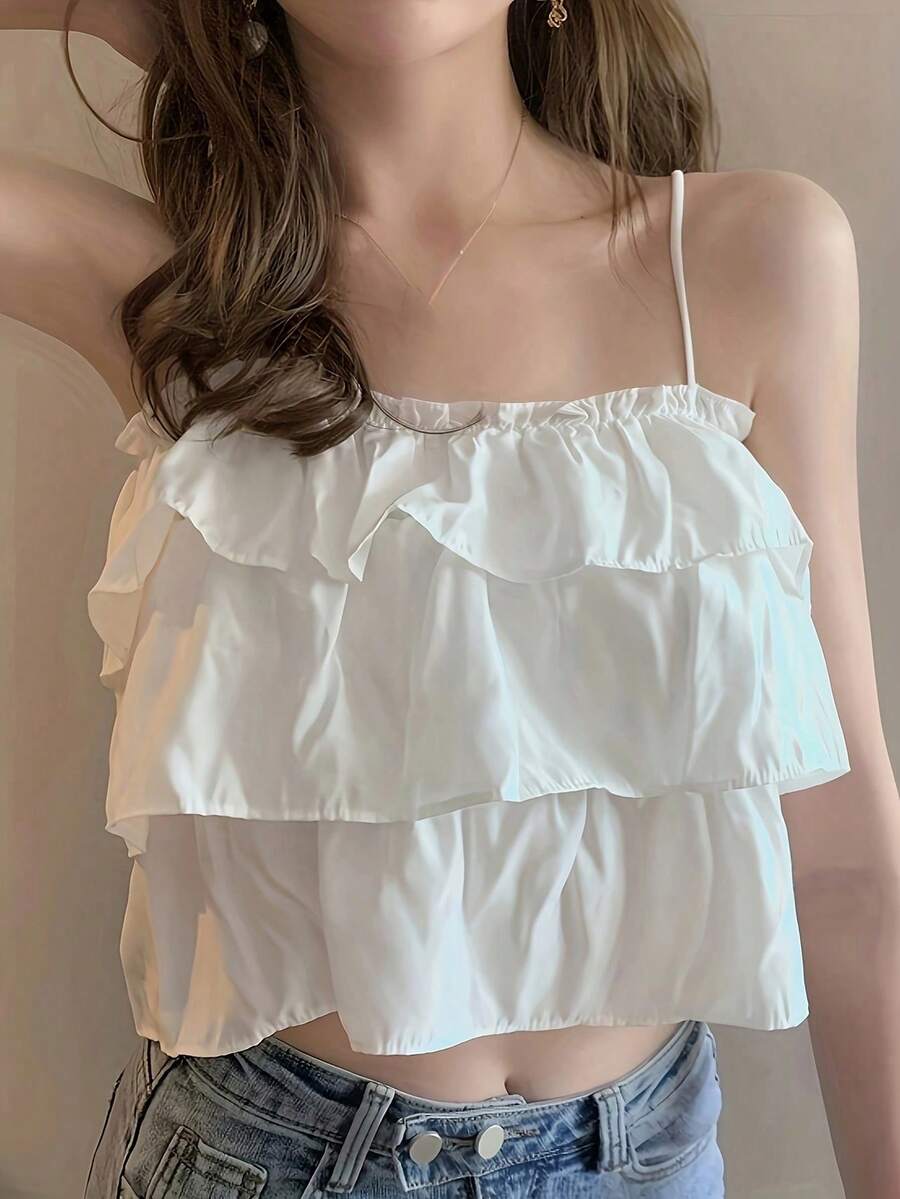 Camisola casual primavera/verano con dobladillo de volantes y unicolor para mujeres