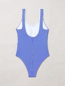 1 件蓝白条纹蕾丝边性感连体泳衣，适合夏季海滩度假 - 彩色 - 查看 2