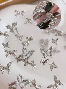 50 件美甲合金蝴蝶装饰，银色镂空混合各种图案，美甲配件美甲用品 - 銀色 - 查看 2