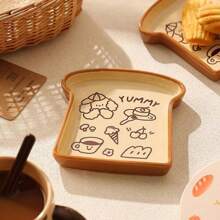 1 件装吐司可爱小狗插画盘子甜点盘子水果盘子面包形状创意陶瓷盘子 - 彩色 - 查看 5