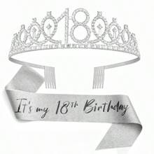 2 件套女士生日绶带和头饰，包括生日皇冠 13 岁 16 岁 18 岁 21 岁 30 岁 40 岁 50 岁 60 岁 70 岁 80 岁绶带丝带精美蜡烛和蛋糕装饰，生日女士礼物，生日快乐派对礼品，银色 - 銀色 - 查看 19