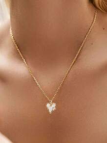 1pc Minimalist 14K Gold Plated Mother Of Pearl Heart Necklace, European Style