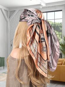1pc Women's Vintage Print Square 90cm Silk Scarf, Casual Street Style Neckerchief, Gift For Birthday, Summer - Multicolor - View 9