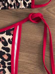 Women's Backless Leopard Print Patchwork Bikini Set (Top And Bottom), Casual Summer - Red - View 10