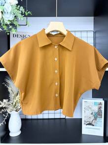 ELLIE Casual Striped Print Loose Cropped Shirt - 單色棕色 - View 1