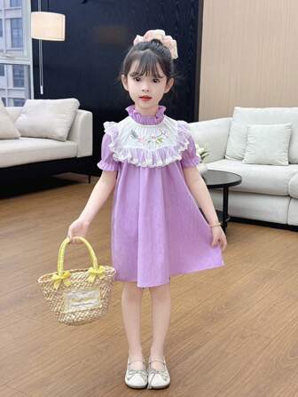 夏季女童刺绣蕾丝边公主裙，节日派对喜庆蕾丝裙