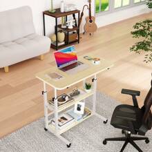 Mesa de Computadora Elevable con 3 Estantes, Altura Ajustable con Ruedas, Mesa Lateral Móvil para Dormitorio y Oficina, 60*40cm - Caqui - Ver 8