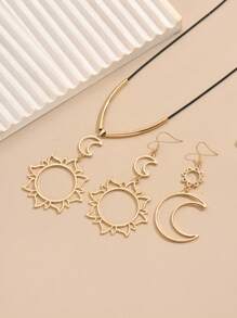 3 pièces/set Bijoux vintage de style moyen-oriental comprenant un soleil, un croissant de lune et une boucle d'oreilles et collier à motif de lune pour femmes