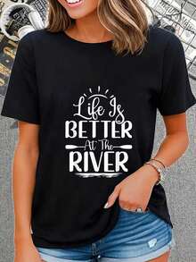 Women's Summer Casual Water Rafting Print T-Shirt, Round Neck, Short Sleeves, 100% Cotton, 220g Thick Cotton - 黑色 - 查看 1