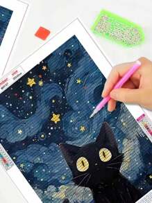 Pintura de Diamante 5D DIY Céu Estrelado Gato Desenho Animado Animal Paisagem Arte Mosaico Feito à Mão Decoração Doméstica Pintura