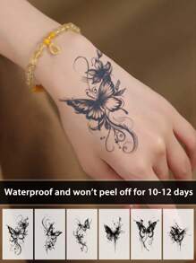6 件蝴蝶临时纹身防水防汗持续 1-2 周逼真草本汁防摩擦不反光仿黑色假纹身男女纹身贴纸适用于手臂、胸部、腿部、腹部、腰部、手指、颈部现代人体艺术 - 黑色 - 查看 9