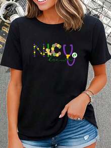 Mardi Gras NICU Nurse Women Costume Mardi Gras Nur , Short Sleeve Crew Neck Shirt,Cotton Top For Women