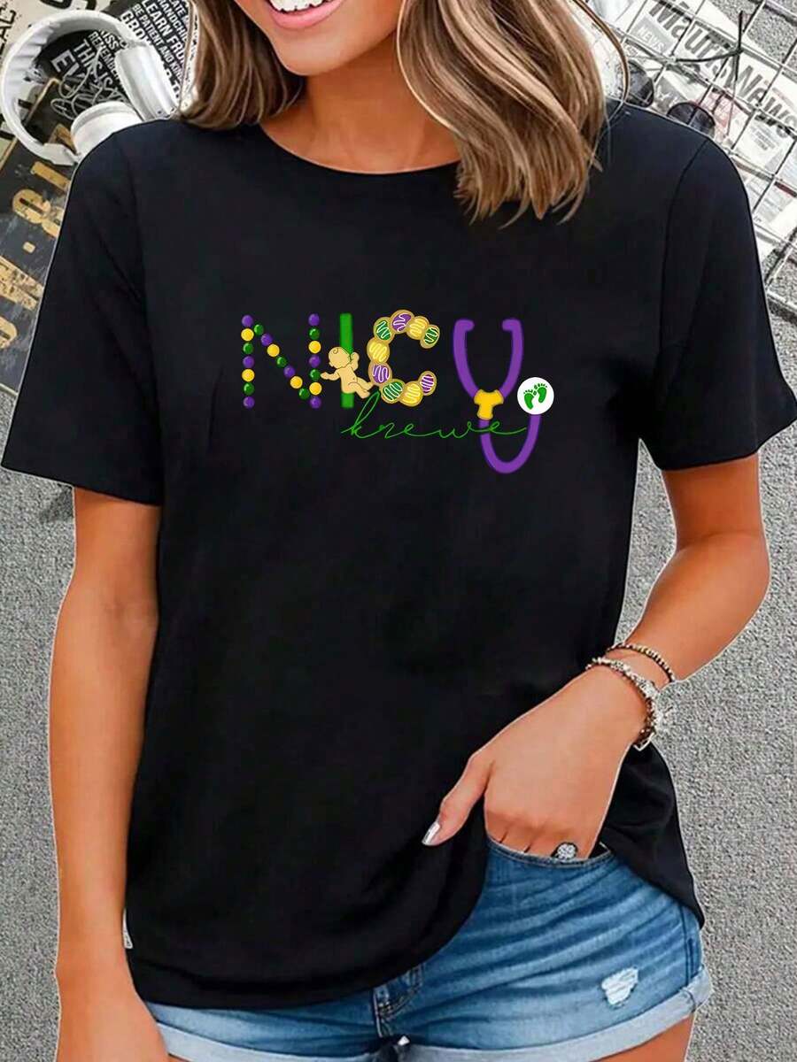 Mardi Gras NICU Nurse Women Costume Mardi Gras Nur , Short Sleeve Crew Neck Shirt,Cotton Top For Women