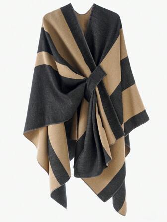 1pc Women's Simple Elegant Contrast Color Plaid Pattern Poncho, Lightweight Design For Outdoor Casual, Windproof And Warm Shawl Scarf For Spring, Autumn & Winter For Dress