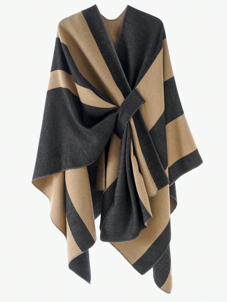 1 Áo choàng Poncho họa tiết kẻ caro đơn giản, thanh lịch, màu sắc tương phản dành cho nữ, thiết kế nhẹ nhàng, chống gió, ấm áp cho trang phục mùa xuân, thu và đông - Nhiều màu - Xem 1