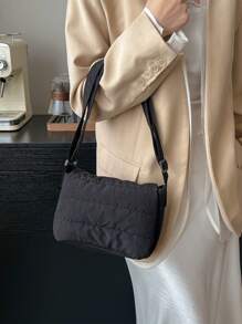 尼龙轻质翻盖小号单肩包，女士时尚休闲绗缝单肩斜挎包 - 黑色 - 查看 3