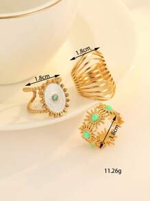 Set de 3 anillos de acero inoxidable en dorado, blanco con turquesa y verde con girasol, adecuado para uso diario o como regalo - Amarillo Oro - Ver 4
