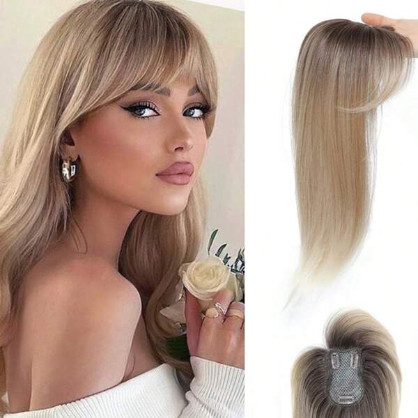 Ombre Mix Blonde With Dark Root To Blonde Hair Toppers For Women, 360 3D Cover Hair Topper With Bang Hair Clip With Thinning Hair, 18 Inch Fluffy Toppers Hair Pieces For Women Clip In Bang
