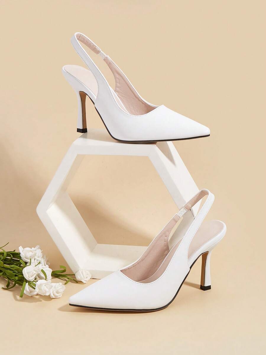 White PU Leather Upper Stiletto Heel Backstrap Ladies High Heel Shoes, Suitable For Everyday, Banquet, Party Wear