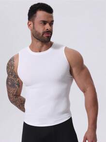 男士无袖T恤上衣，轻盈弹力，速干压缩舒适条纹面料，适合跑步、户外运动、日常休闲、健身训练，透气凉爽的打底衫。男士夏季篮球压缩无袖上衣，高弹透气圆领吊带运动上衣 - 白色 - 查看 7