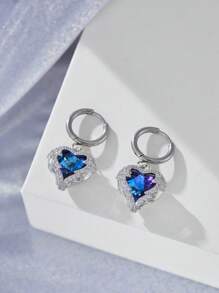 1 Pair Fashionable High-End Marine Blue Zirconia Heart Shaped Wings Pendant Earrings Ladies Niche Design Party Everyday Jewelry
