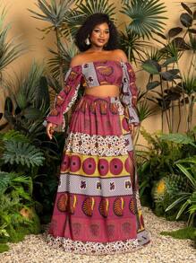 Faeriesty 加露肩长袖短款上衣和长裙休闲印花两件套度假造型和花卉印花休闲夏装和春装