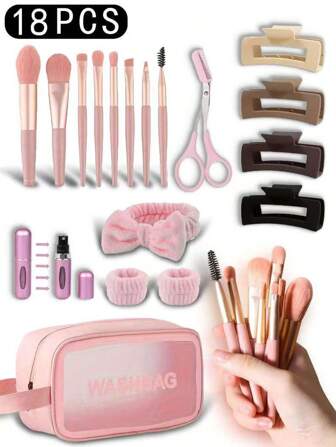 18件套化妆刷套装，包括：2支化妆刷、1个化妆包、1个发带、2个腕带、4个发夹、1瓶香水、1个眉毛修剪器、面部化妆工具、混合化妆美容工具、柔软刷毛、高级合成化妆刷、粉底刷、眼影刷、眉刷、唇刷等，快速上妆，是初学者和专业化妆师的理想礼物，也是理想的化妆礼品，价格实惠，适合梳妆台、卧室、化妆配件、圣诞礼物、化妆品、化妆工具、便宜好物、礼物、圣诞礼物