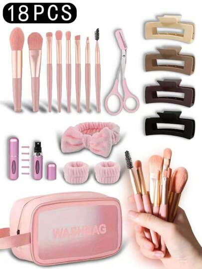 18件套化妆刷套装，包括：2支化妆刷、1个化妆包、1个发带、2个腕带、4个发夹、1瓶香水、1个眉毛修剪器、面部化妆工具、混合化妆美容工具、柔软刷毛、高级合成化妆刷、粉底刷、眼影刷、眉刷、唇刷等，快速上妆，是初学者和专业化妆师的理想礼物，也是理想的化妆礼品，价格实惠，适合梳妆台、卧室、化妆配件、圣诞礼物、化妆品、化妆工具、便宜好物、礼物、圣诞礼物