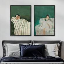 Set Of 2 Abstract People Wall Art Prints, Canvas Hangings, Posters, Wall Art, Contains Emerald Green Striped Woman Canvas Poster, Minimalist Large Art Wall Decor, Coffee Lovers Prints, Spring Decor For Living Room, Bedroom, Cafe, Bar, Office, Hallway And Home Room Decor Artwork Gifts Birthday Graduation