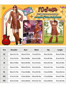 6pcs Vintage Hippie Performance Costume Set, 60s 70s Floral Print Dress + Full Accessories, Suitable For Halloween Party, Christmas Party, Carnival Party, Festival Gift, Party Outfit, Festival Costume, Floral, Retro, Adult Women - Brown Vest - View 4