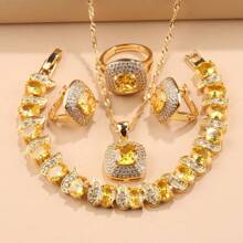18K Gold Plated Colorful Cubic Zirconia Fashion Party Luxury Quality Wedding Bridal Square Jewelry Sets For Women Necklace Pendant Earrings Bracelet Ring 5 Pieces Sets Gift - Green - View 2