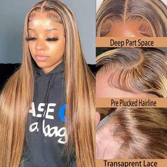 Highlight Ombre Lace Front Wig Human Hair Protein Mix 28Inch Honey Blonde Lace Front Wigs Human Hair 13x4 HD Lace Front Wig Human Hair Fiber 180% Density 4/27 Colored Straight Human Hair Pre Plucked With Baby Hair(Bob Wig 6inch)