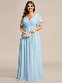 EVERPRETTY 优雅V领褶皱荷叶边袖及地长款秋冬蓝色伴娘礼服半正式派对礼服